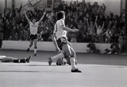 Mike Newell and Mick Harford celebrate the grounded Brian Stein`s goal