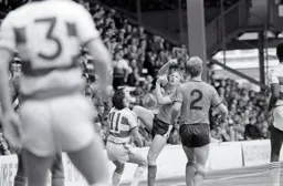 It is up there somewhere as Stacey North looks skywards for the ball