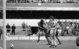 Ricky Hill has just scored the Town`s second goal. Mike Newell is first to join in the celebrations