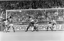 Another view of Harford's goal as he powers his header past Walsh after a flick on from Steve Foster following a Weir corner