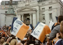 The players on the Town Hall balcony