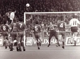 Mick Harford rises highest to head in the only goal of the game
