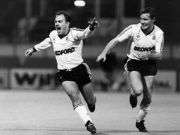 David Preece celebrates with Kingsley Black but his goal was disallowed