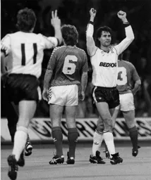 Roy Wegerle celebrates scoring Town`s third goal