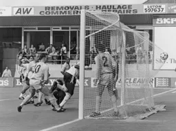 Raphael Meade follows the ball in as John Dreyer`s header finds the net for Town`s first goal