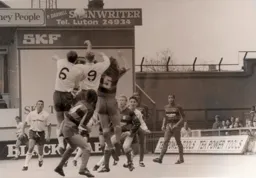 Graham Rodger, Iain Dowie and Ranger's Darren Peacock challenge for a high ball