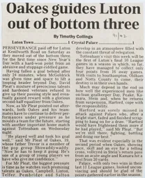 Match Report: Luton Town FC vs Crystal Palace (7th Mar 1992)