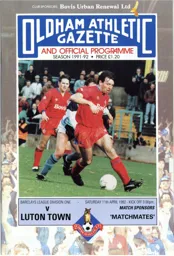 Programme: Oldham Athletic vs Luton Town FC (11th Apr 1992)