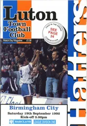 Programme: Luton Town FC vs Birmingham City (19th Sep 1992)