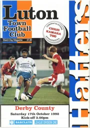 Programme: Luton Town FC vs Derby County (17th Oct 1992)