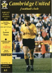 Programme: Cambridge United vs Luton Town FC (3rd Nov 1992)