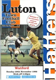 Programme: Luton Town FC vs Watford (29th Nov 1992)