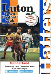 Programme: Luton Town FC vs Sunderland (19th Dec 1992)