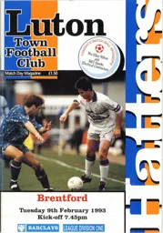 Programme: Luton Town FC vs Brentford (9th Feb 1993)