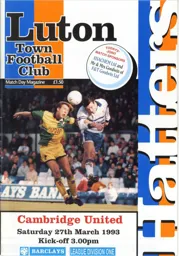 Programme: Luton Town FC vs Cambridge United (27th Mar 1993)