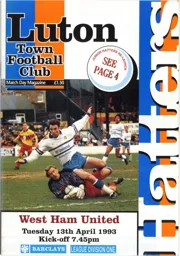 Programme: Luton Town FC vs West Ham United (13th Apr 1993)
