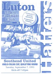 Programme: Luton Town FC vs Southend United (7th Sep 1993)