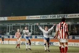John Hartson celebrates after scoring Town`s sixth goal