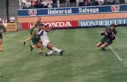 Des Linton about to scuff the ball wide