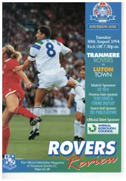 Programme: Tranmere Rovers vs Luton Town FC (30th Aug 1994)