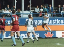 Paul Telfer heads the ball on