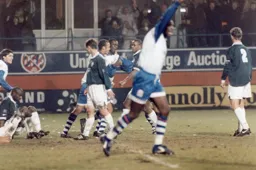Marv celebrates his goal that earns the Town a replay against the League One Champions elect
