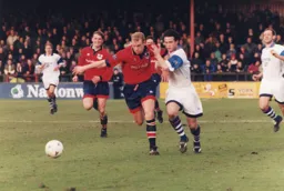 Ceri Hughes in typical battling action in a game that saw us lose Mitchell Thomas to injury, one that was to prove crucial