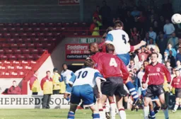 Steve Davis powers home another trademark header for the Town, his eighth of the season as a centre half