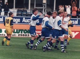 The usual celebrations following another Thorpe penalty, his 31st goal of the season