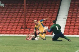 David Oldfield is brought down to earn the Hatters penalty