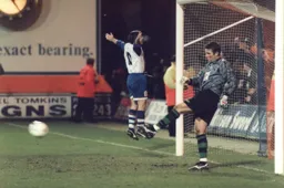 Tony Thorpe celebrates scoring the winner from the penalty spot