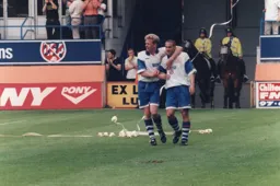 Fotiadis and Oldfield celebrate the former's goal that earns the Town a point against promoted Stockport