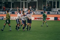 Happy Hatters Paul McLaren Tony Thorpe and Gary Doherty after Thorpe had scored Town`s second goal