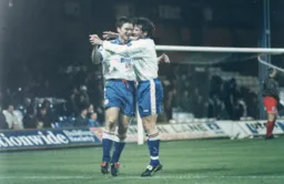 Steve Davis has just scored Town`s first goal. Paul McLaren joins the celebrations