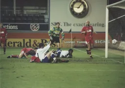 Tony Thorpe watches the ball cross the line