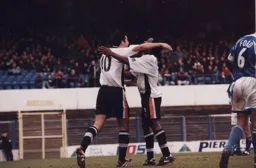 Julian Watts and Stuart Douglas celebrate Watts first goal for Luton in a big 3-1 win at Cardiff