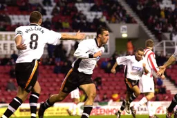 Peter Thomson turns away after scoring Town`s second goal