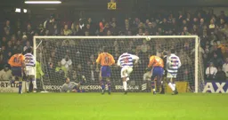 Future Hatter Richard Langley misses from the penalty spot
