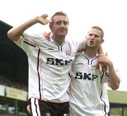 Steve Howard and Kevin Nicholls celebrate Lutons goal