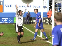 Carl Griffiths celebrates the Luton goal