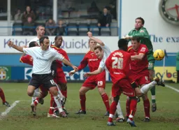 Goalmouth action Ahmet Brkovic Marcus Heikkinen Rowan Vine