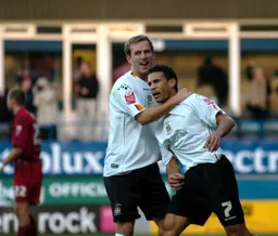 Goal scorers on the day Rowan Vine and Carlos Edwards celebrates Edwards goal