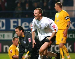 A happy Drew Talbot after scoring the third goal