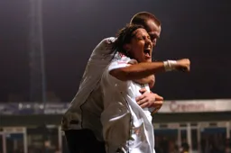 Bjorn Runstrom shows his delight after scoring Town`s first goal