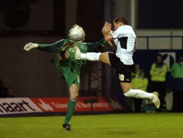 Darren Currie challenging the keeper