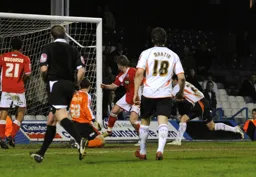 Mark Bower (right) dives to head home the Town's first goal