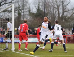 Matthew Barnes-Homer celebrates after scoring Town`s only goal of the game