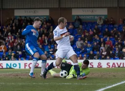 Goal scorer Jake Howells is denied this time by Richard O`Donnell
