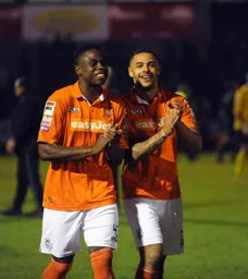 Goalscorers Andre Gray and Pelly Mpanzu all smiles at the end of the game