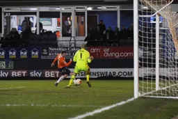 Jack Marriott plays the ball through Barry Roche`s legs for the only goal of the game